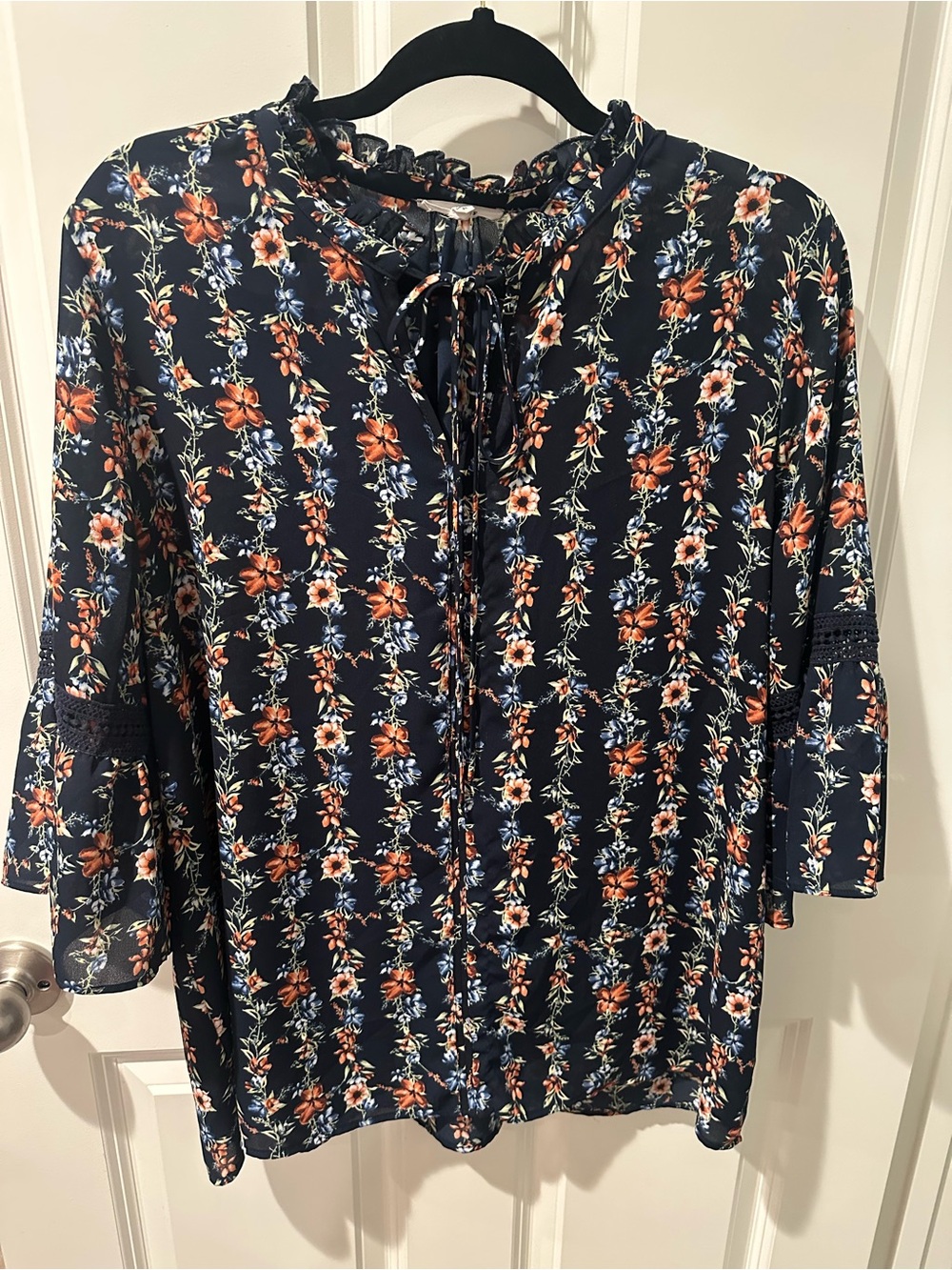Pleione Navy Floral Tie-Neck Blouse with Orange and Blue Flowers